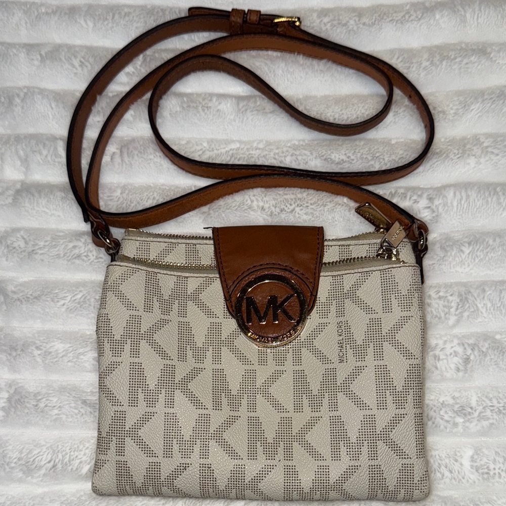 Michael Kors Cream and Brown Logo Crossbody Bag